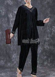 Women Black Oversized Zircon Silk Velvet Two Pieces Set Spring