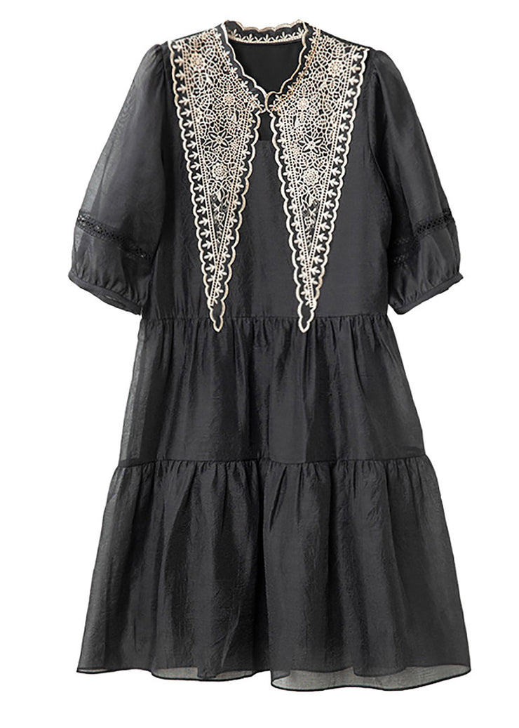 Women Black Patchwork Cotton Mid Dress Puff Sleeve