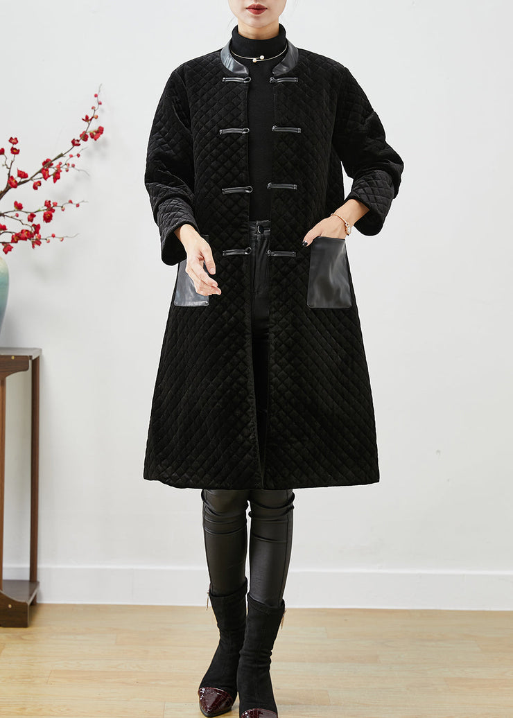 Women Black Patchwork Pockets Silk Velour Fine Cotton Filled Coats Winter