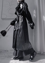 Women Black Peter Pan Colla Patchwork Sashes Faux Leather Long Trench Coats Long Sleeve