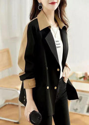 Women Black Peter Pan Collar Button Patchwork Cotton Coat Fall