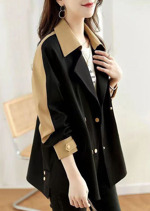 Women Black Peter Pan Collar Button Patchwork Cotton Coat Fall