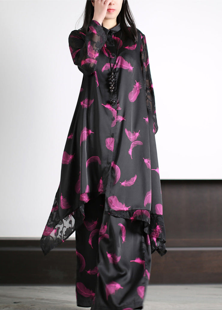 Women Black Peter Pan Collar Button Silk Maxi Shirts And Wide Leg Pants Two Piece Set Spring