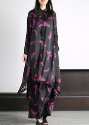 Women Black Peter Pan Collar Button Silk Maxi Shirts And Wide Leg Pants Two Piece Set Spring