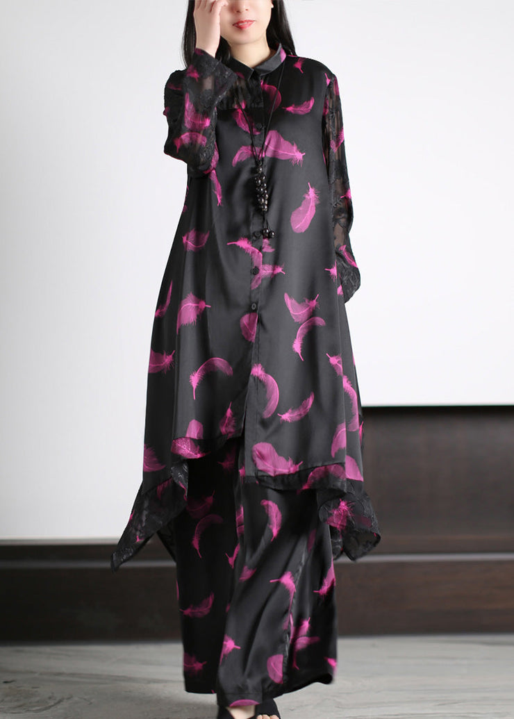 Women Black Peter Pan Collar Button Silk Maxi Shirts And Wide Leg Pants Two Piece Set Spring