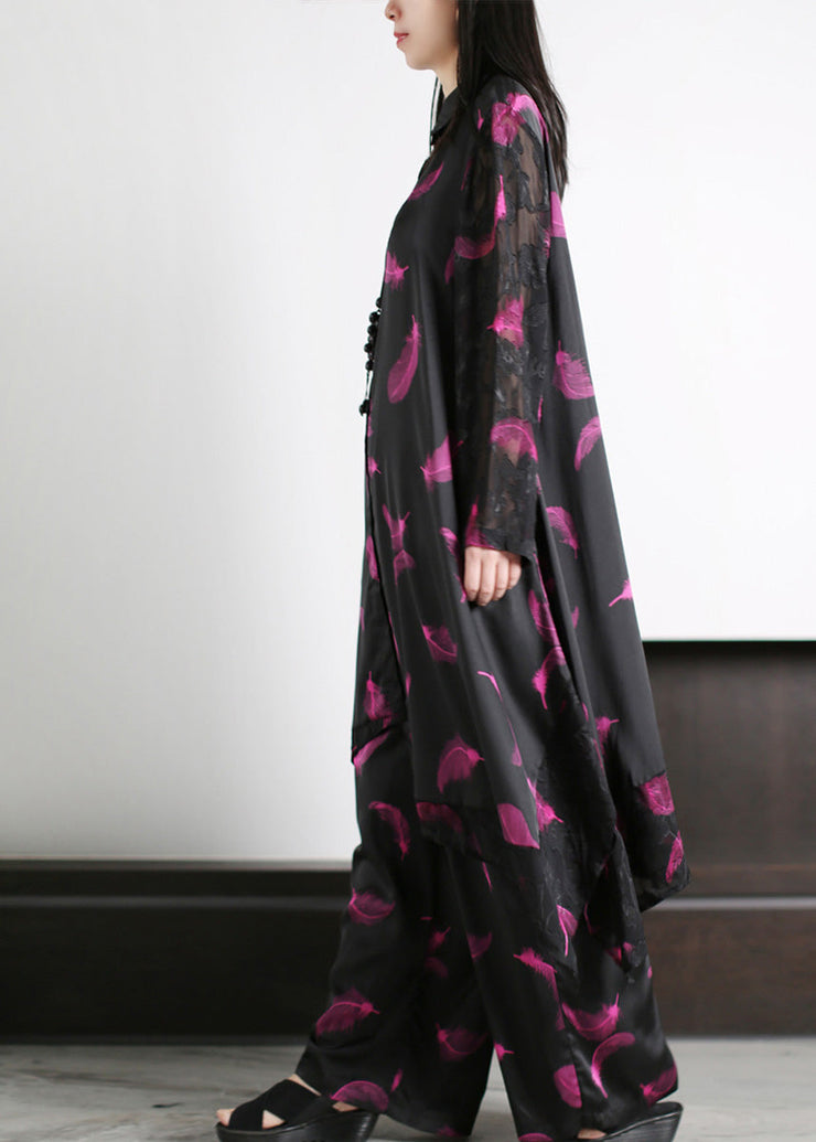 Women Black Peter Pan Collar Button Silk Maxi Shirts And Wide Leg Pants Two Piece Set Spring