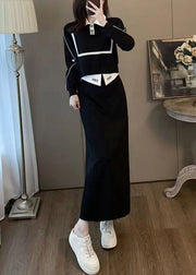 Women Black Peter Pan Collar High Waist Cotton Two Pieces Set Spring