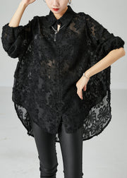 Women Black Peter Pan Collar Oversized Lace Long Shirts Summer