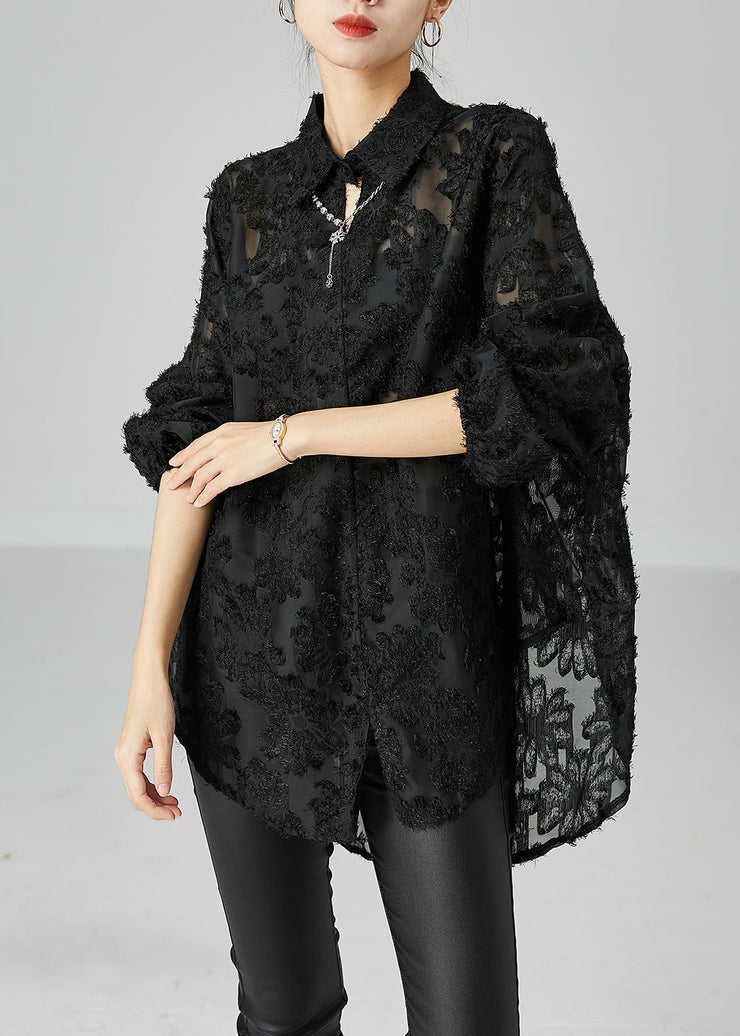 Women Black Peter Pan Collar Oversized Lace Long Shirts Summer