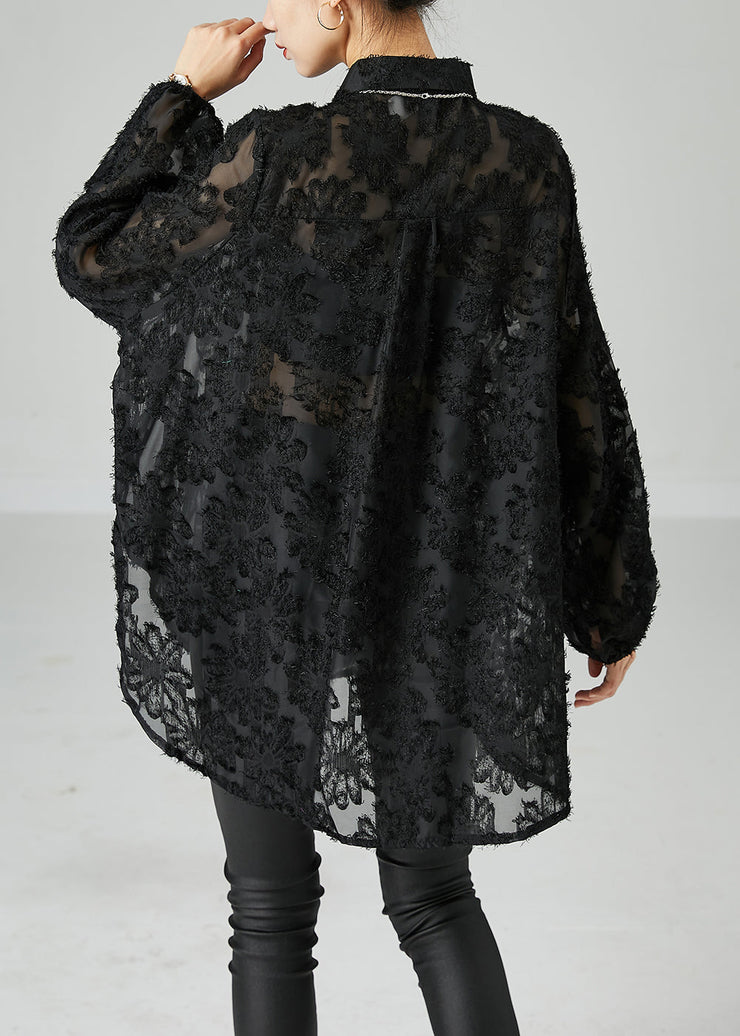 Women Black Peter Pan Collar Oversized Lace Long Shirts Summer