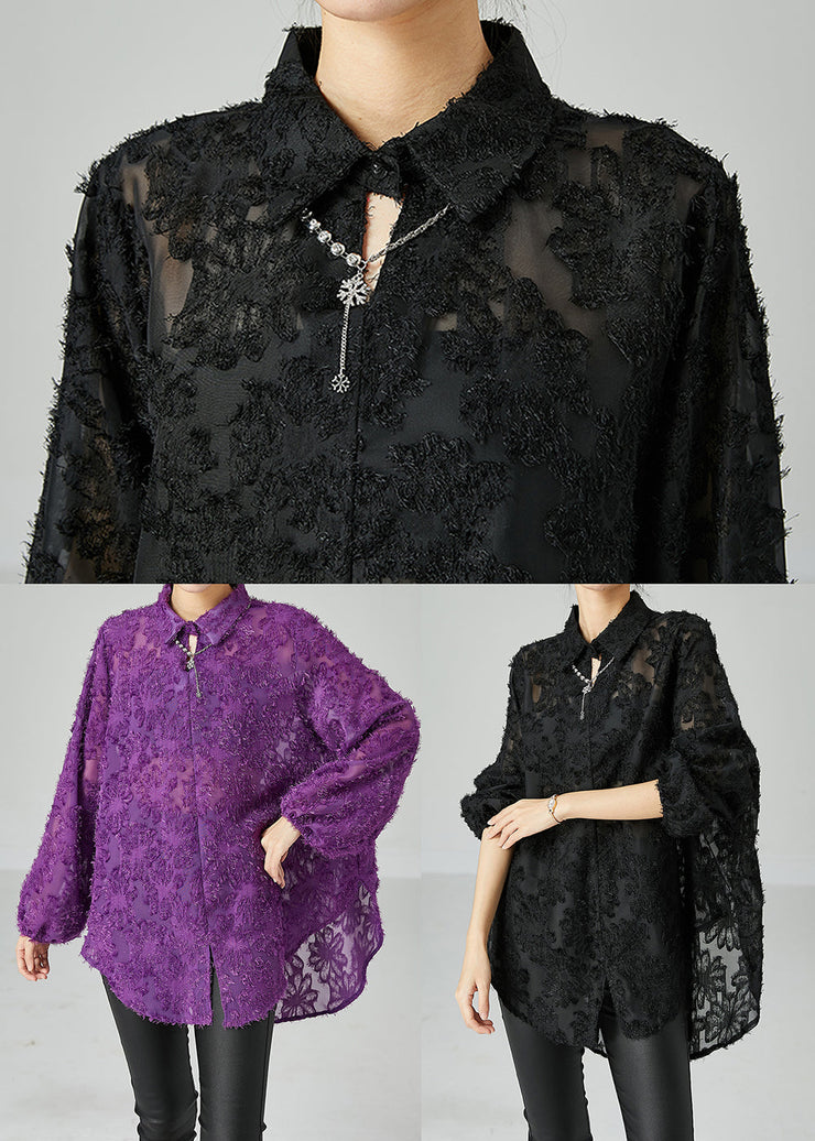 Women Black Peter Pan Collar Oversized Lace Long Shirts Summer