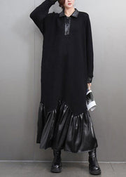 Women Black Peter Pan Collar Patchwork Button Maxi Dresses Spring