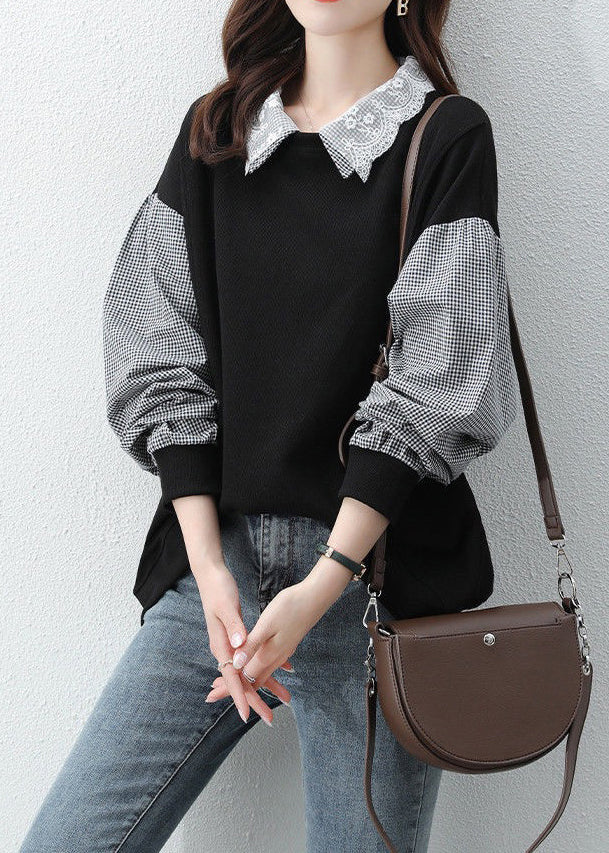 Women Black Peter Pan Collar Patchwork False Two Pieces Cotton Sweatshirt Fall