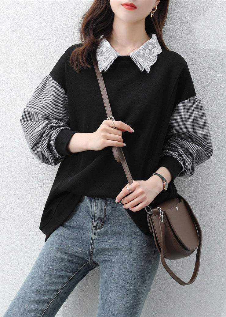 Women Black Peter Pan Collar Patchwork False Two Pieces Cotton Sweatshirt Fall