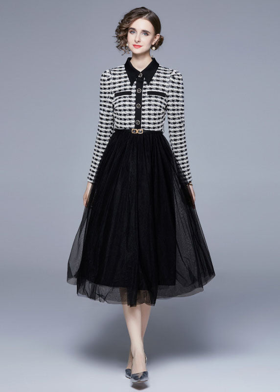 Women Black Peter Pan Collar Patchwork Tulle Cinch Dress Spring