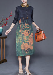 Women Black Peter Pan Collar Print Slim Fit Dress Fall