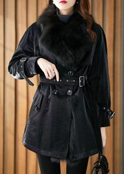 Women Black Peter Pan Collar Tie Waist Patchwork Fuzzy Fur Fluffy Coats Winter