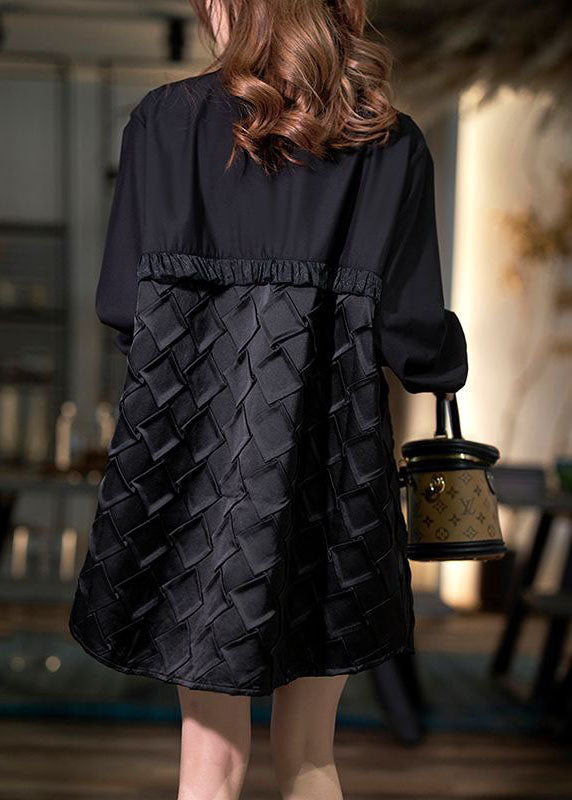 Women Black Peter Pan Collar Wrinkled Patchwork Cotton Shirt Top Spring