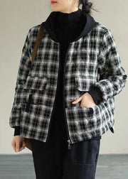 Women Black Plaid Hooded Fine Cotton Filled Puffers Jackets Winter