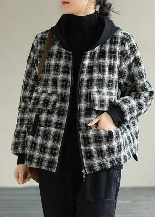 Women Black Plaid Hooded Fine Cotton Filled Puffers Jackets Winter