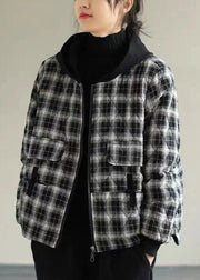 Women Black Plaid Hooded Fine Cotton Filled Puffers Jackets Winter