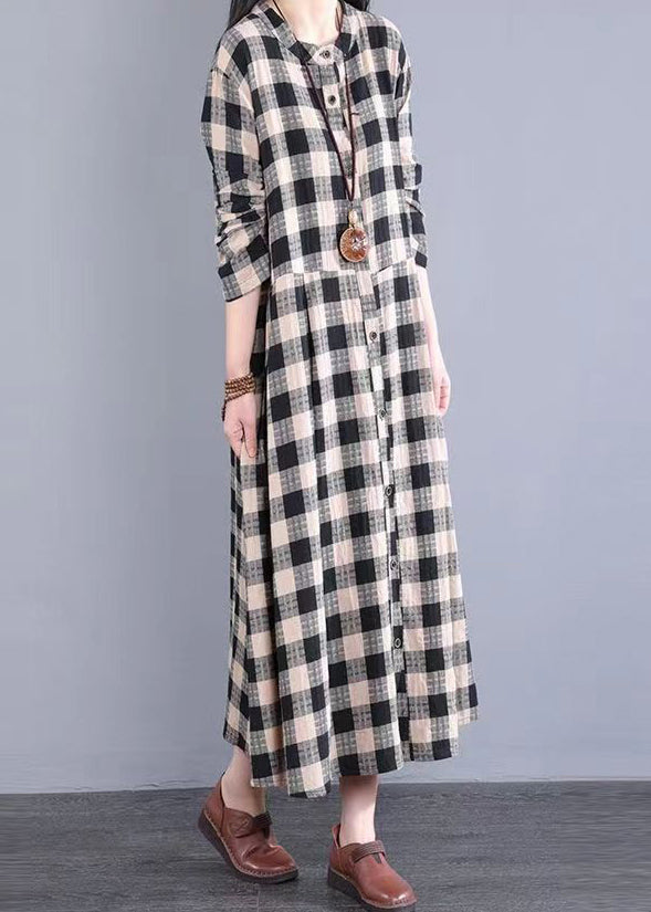 Women Black Plaid Stand Collar Patchwork Cotton Long Dresses Fall