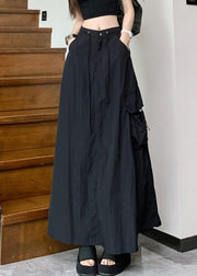 Women Black Pockets Drawstring High Waist Cotton Skirts Summer