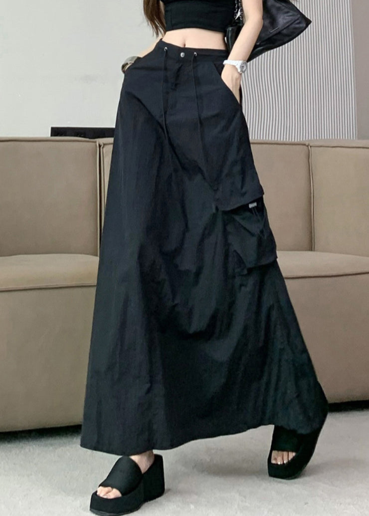 Women Black Pockets Drawstring High Waist Cotton Skirts Summer