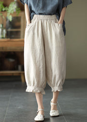 Women Black Pockets Elastic Waist Linen Crop Pants Summer