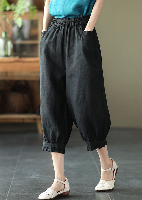 Women Black Pockets Elastic Waist Linen Crop Pants Summer