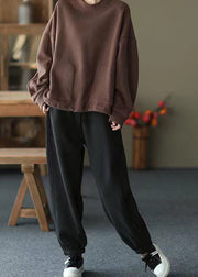 Women Black Pockets Elastic Waist Warm Fleece Pants Spring