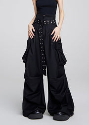 Women Black Pockets High Waist Patchwork Cotton Pants Fall