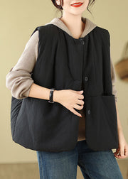 Women Black Pockets Patchwork Button Hooded Jacket Waistcoat Winter