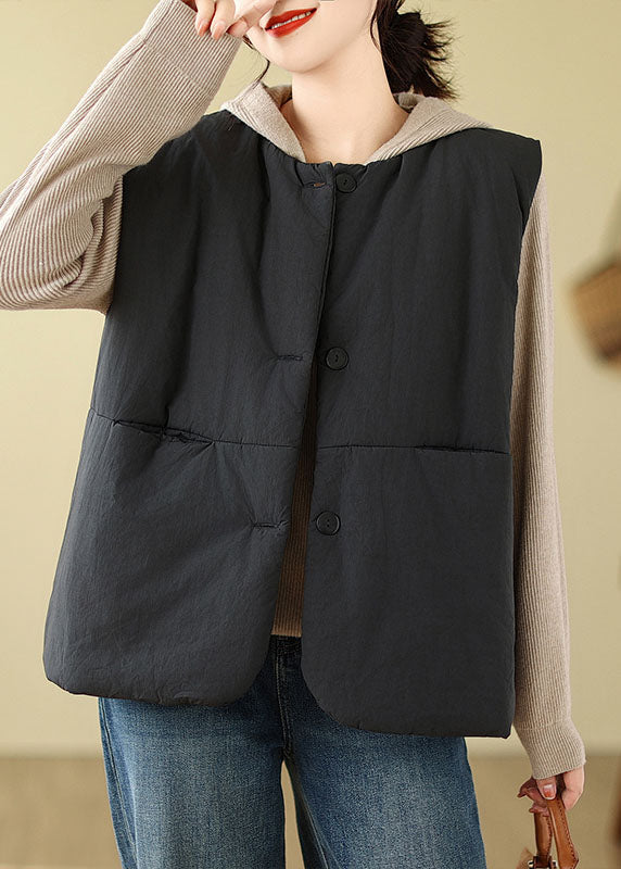 Women Black Pockets Patchwork Button Hooded Jacket Waistcoat Winter