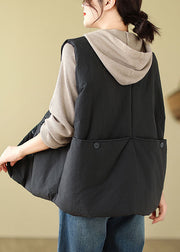 Women Black Pockets Patchwork Button Hooded Jacket Waistcoat Winter