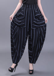 Women Black Pockets Striped High Waist Cotton Harem Pants Fall