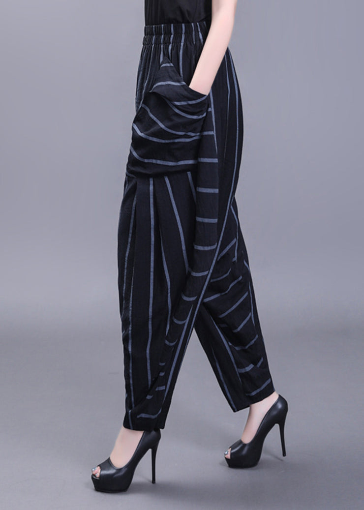 Women Black Pockets Striped High Waist Cotton Harem Pants Fall