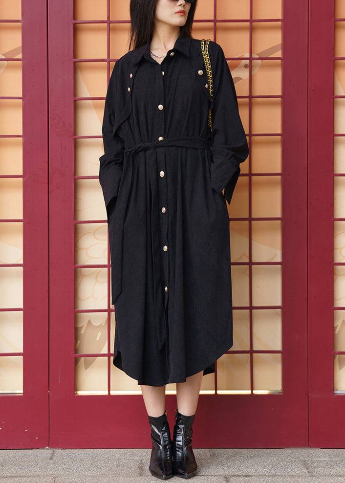 Women Black Pockets Tie Waist Cotton Shirt Dress Long Sleeve