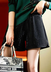 Women Black Pockets Zircon Patchwork Cotton Shorts Fall