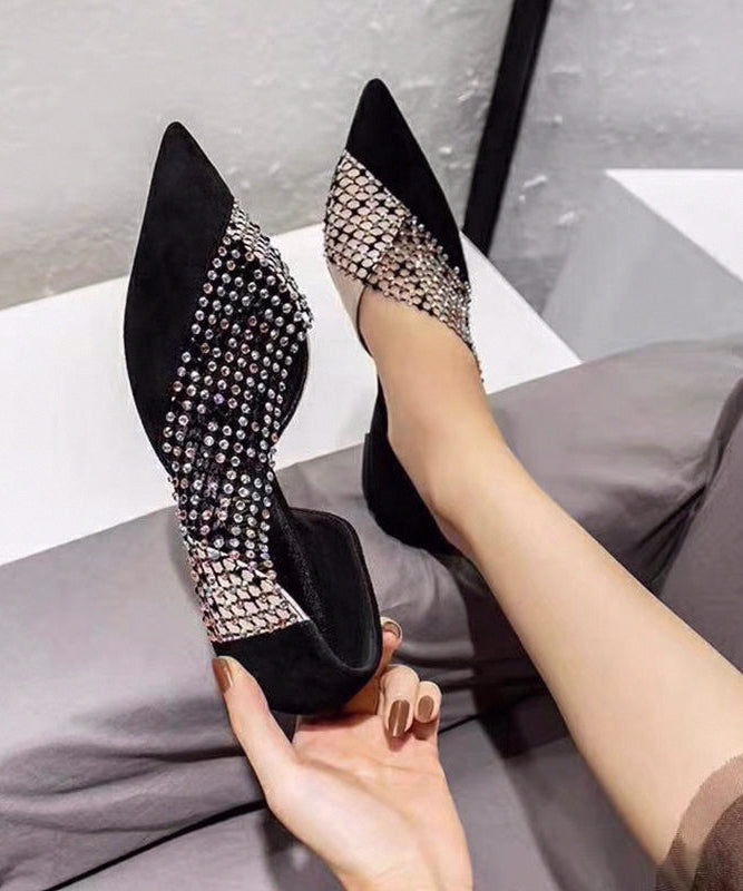 Women Black Pointed Toe Tulle Zircon Flat Shoes For