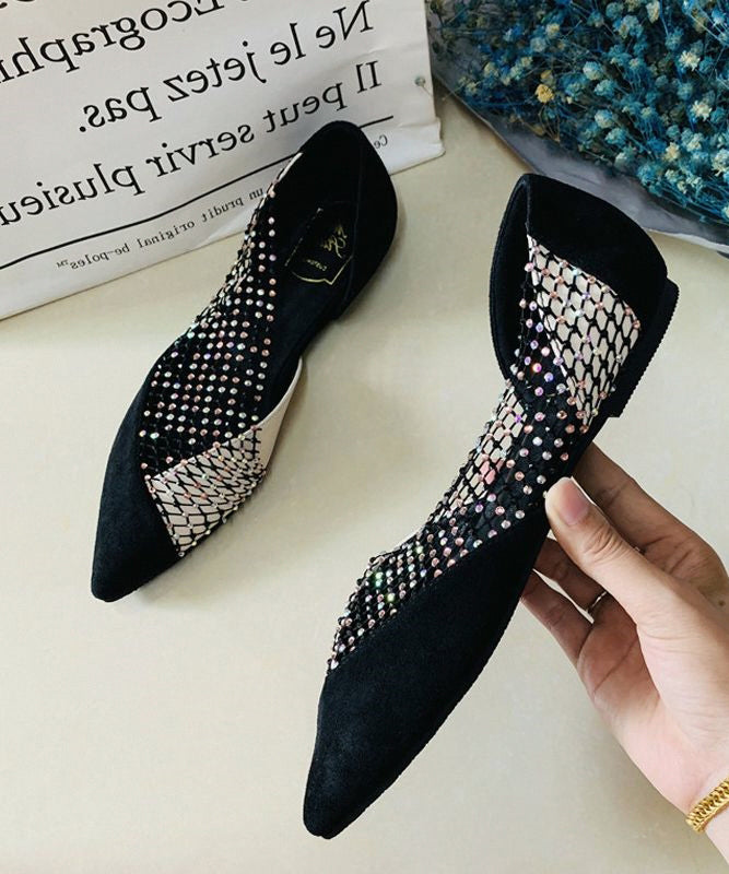 Women Black Pointed Toe Tulle Zircon Flat Shoes For