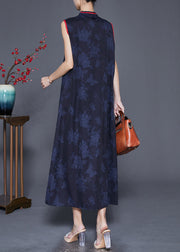 Women Black Print Chinese Button Silk Long Dress Sleeveless