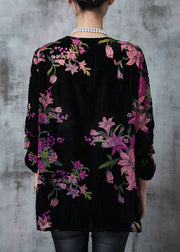 Women Black Print Chinese Button Silk Velour Shirt Fall