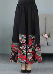 Women Black Print Elastic Waist Patchwork Cotton Skirts Fall