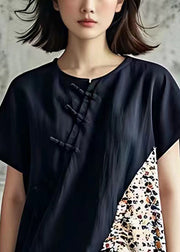 Women Black Print Lace Up Patchwork Cotton T Shirt Summer