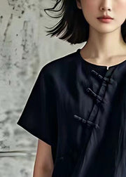 Women Black Print Lace Up Patchwork Cotton T Shirt Summer