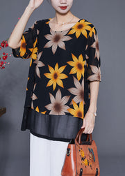 Women Black Print Patchwork Chiffon Fake Two Piece Shirt Tops Summer