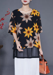 Women Black Print Patchwork Chiffon Fake Two Piece Shirt Tops Summer