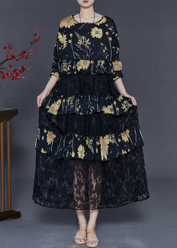 Women Black Print Patchwork Lace Vacation Dresses Fall