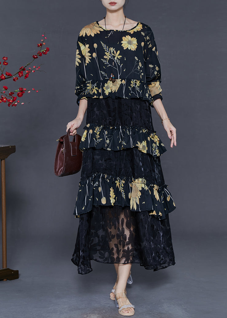 Women Black Print Patchwork Lace Vacation Dresses Fall